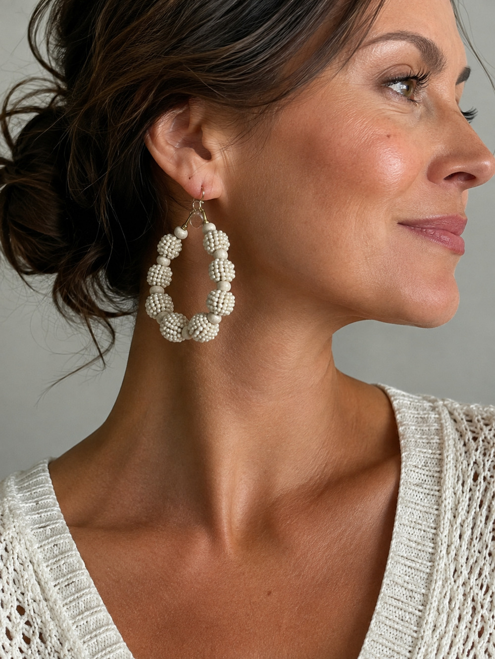 Beaded Hoop Earrings Seed Bead Boho Statement Gold Tone Leverback Ivory